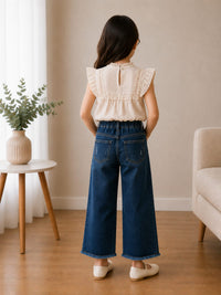 Girls' High-Waisted Distressed Wide-Leg Trousers in Medium-Dark Wash