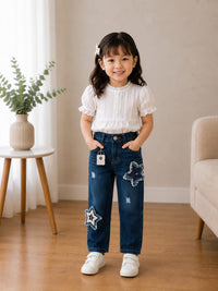 Girls' Dark Wash Slim Straight Jeans with Frayed Star Patches