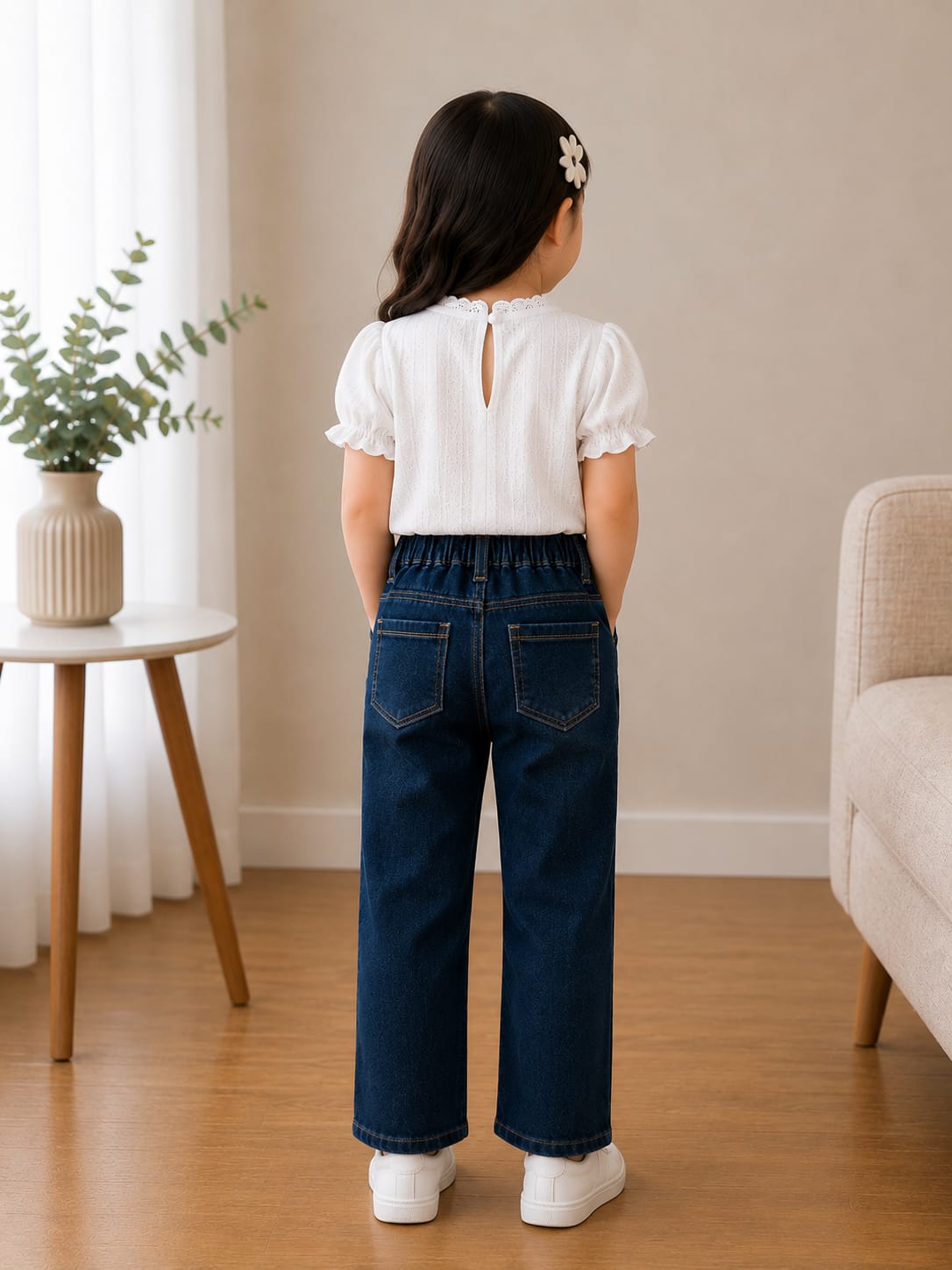 Girls' Dark Wash Slim Straight Jeans with Frayed Star Patches