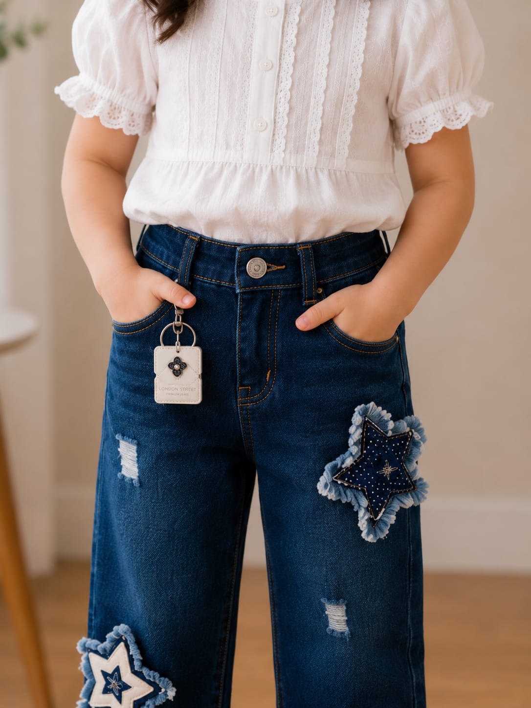 Girls' Dark Wash Slim Straight Jeans with Frayed Star Patches