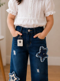 Girls' Dark Wash Slim Straight Jeans with Frayed Star Patches