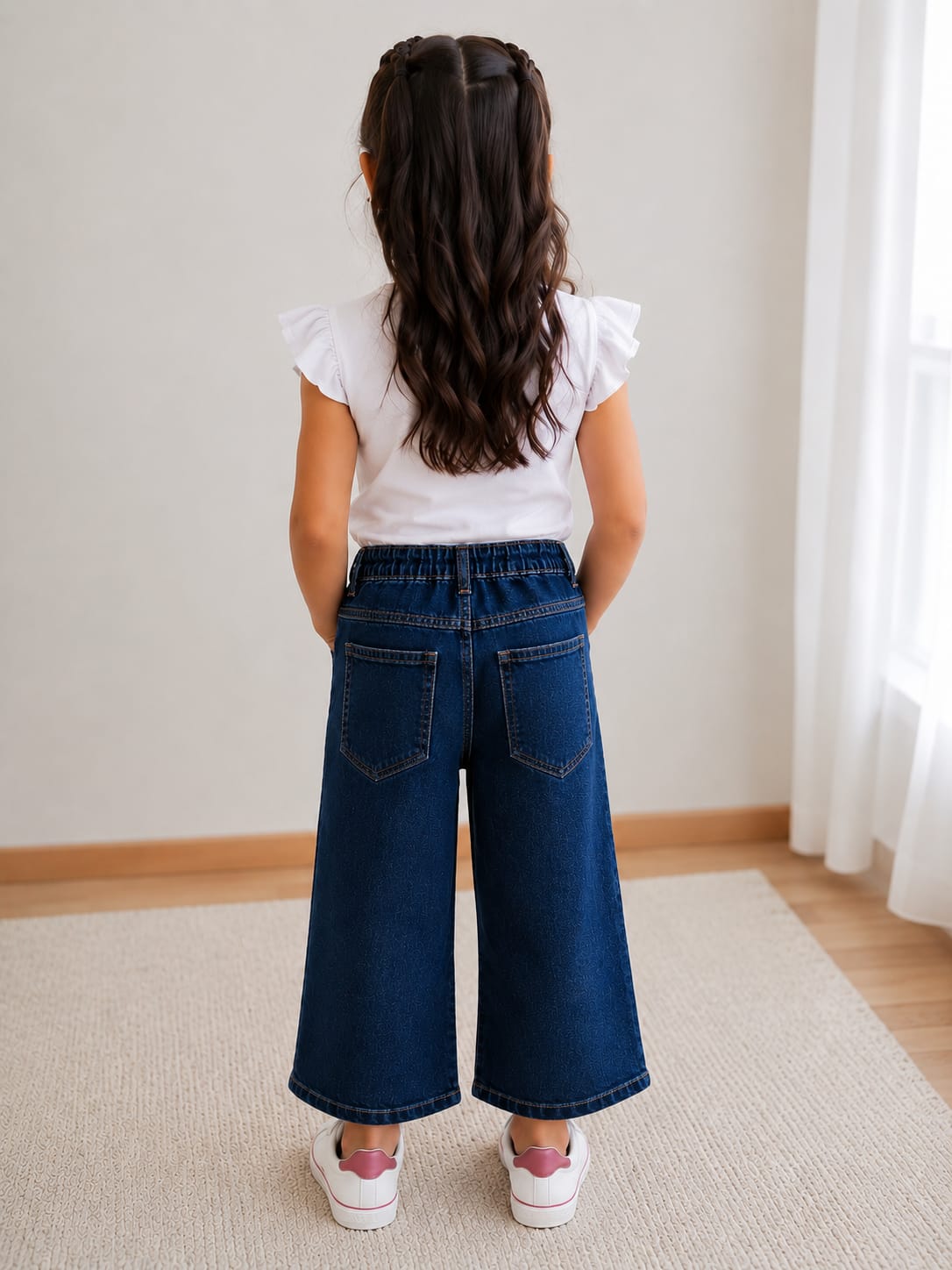 Girls' High-Waisted Wide-Leg Dark Wash Jeans with Rainbow Drawstring and Butterfly Embroidery