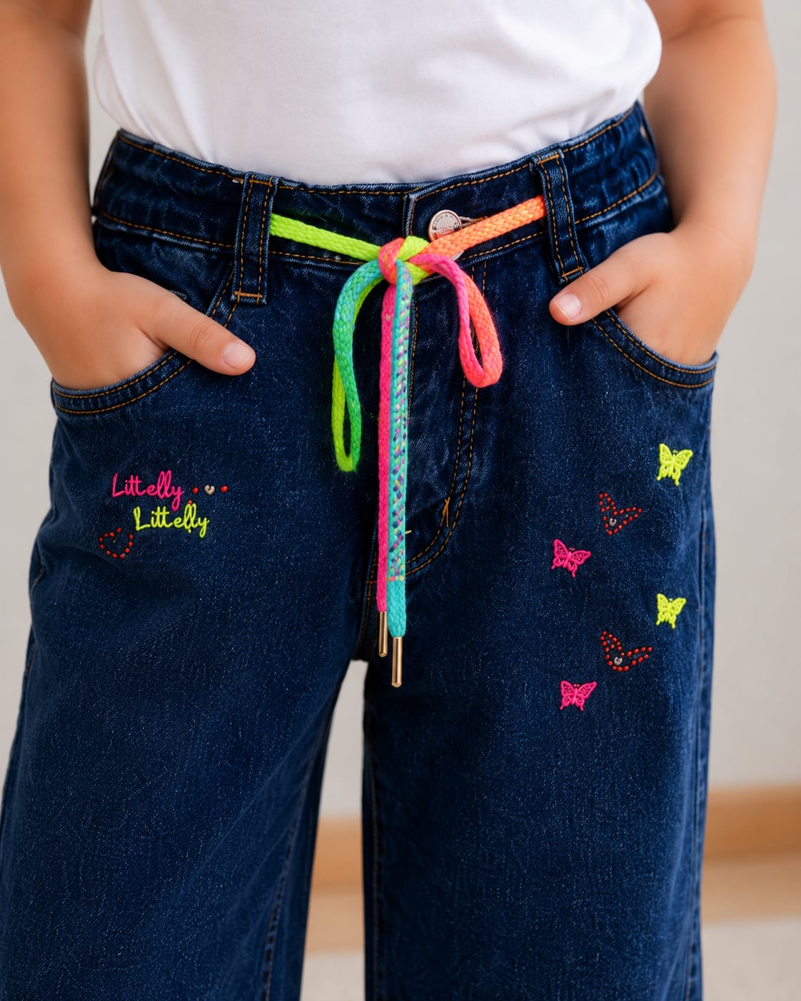 Girls' High-Waisted Wide-Leg Dark Wash Jeans with Rainbow Drawstring and Butterfly Embroidery