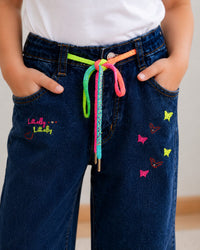 Girls' High-Waisted Wide-Leg Dark Wash Jeans with Rainbow Drawstring and Butterfly Embroidery