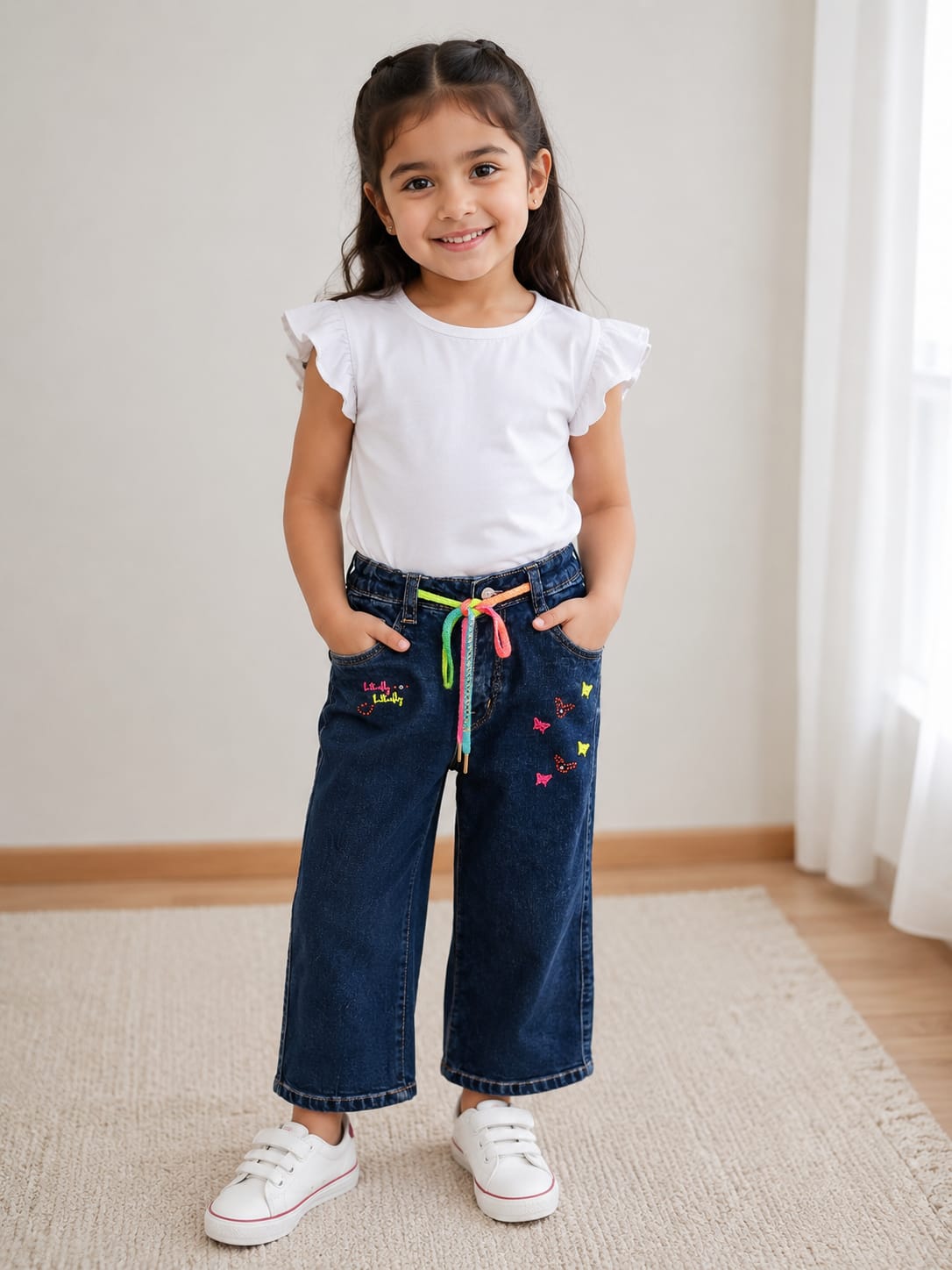 Girls' High-Waisted Wide-Leg Dark Wash Jeans with Rainbow Drawstring and Butterfly Embroidery