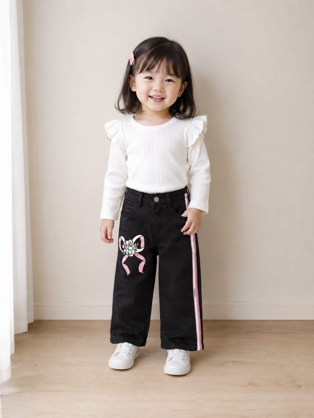 Girls' High-Waisted Wide-Leg Black Jeans with Bow Embroidery and Rainbow Side Stripes