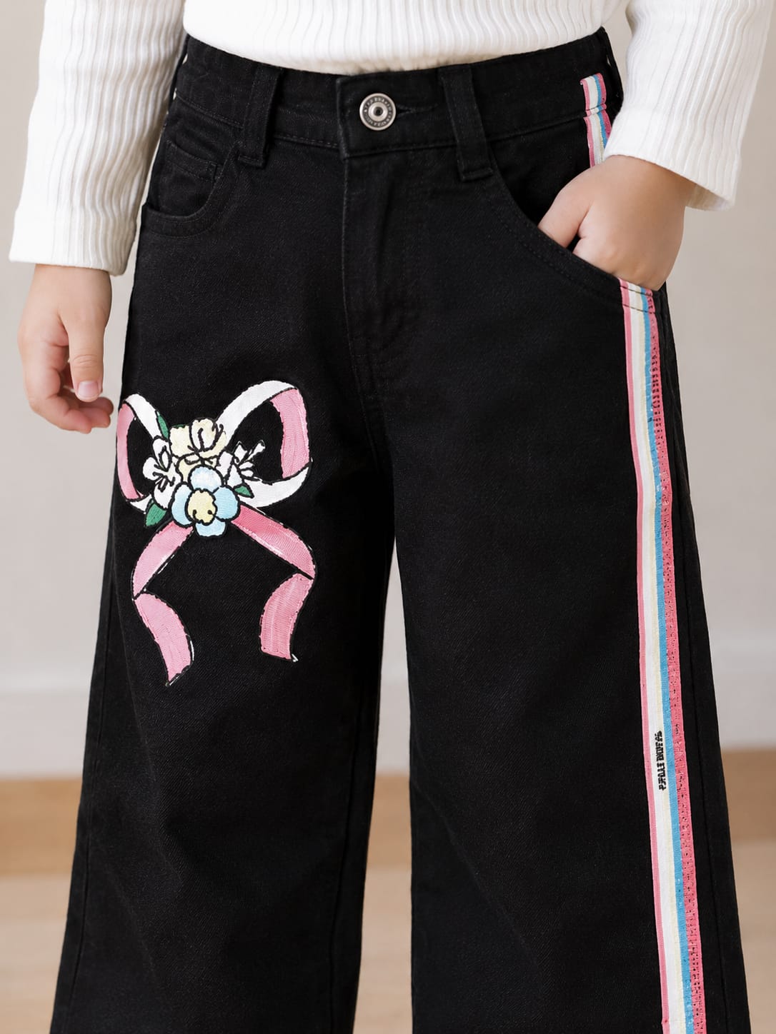 Girls' High-Waisted Wide-Leg Black Jeans with Bow Embroidery and Rainbow Side Stripes