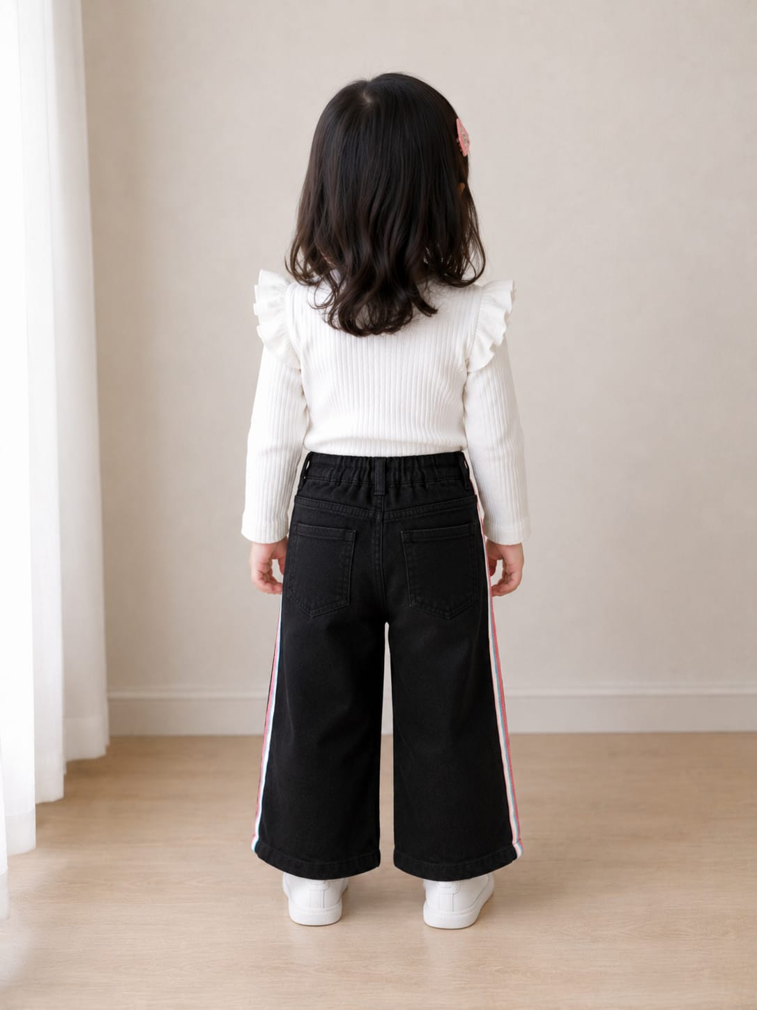 Girls' High-Waisted Wide-Leg Black Jeans with Bow Embroidery and Rainbow Side Stripes