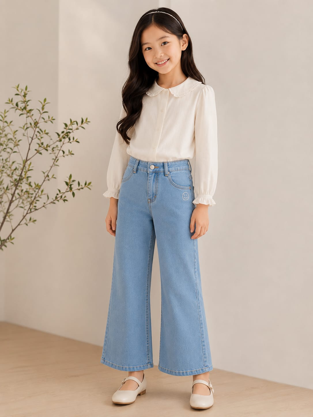 Girls' High-Waisted Wide-Leg Light Wash Jeans with Diamante Smiley Accent