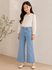 Girls' High-Waisted Wide-Leg Light Wash Jeans with Diamante Smiley Accent