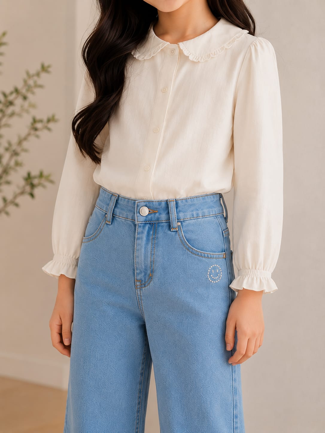 Girls' High-Waisted Wide-Leg Light Wash Jeans with Diamante Smiley Accent