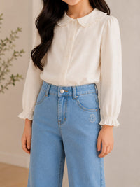 Girls' High-Waisted Wide-Leg Light Wash Jeans with Diamante Smiley Accent