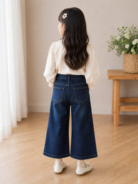 Girls' Wide-Leg Dark Wash Jeans with Teddy Bear Patch