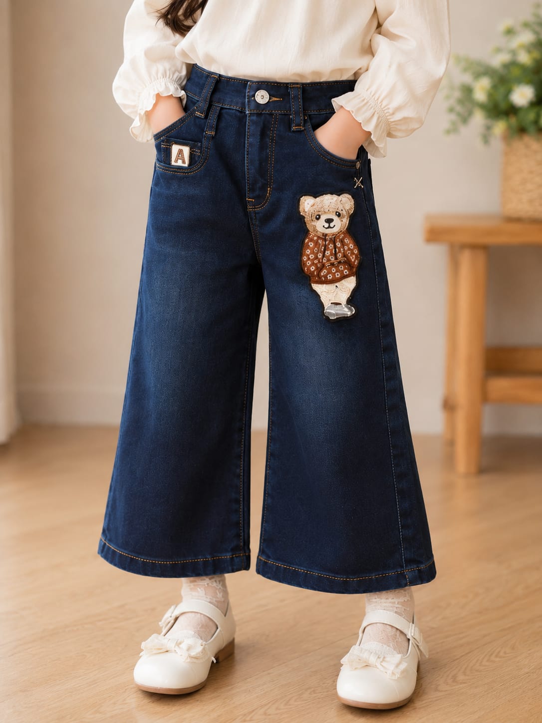 Girls' Wide-Leg Dark Wash Jeans with Teddy Bear Patch
