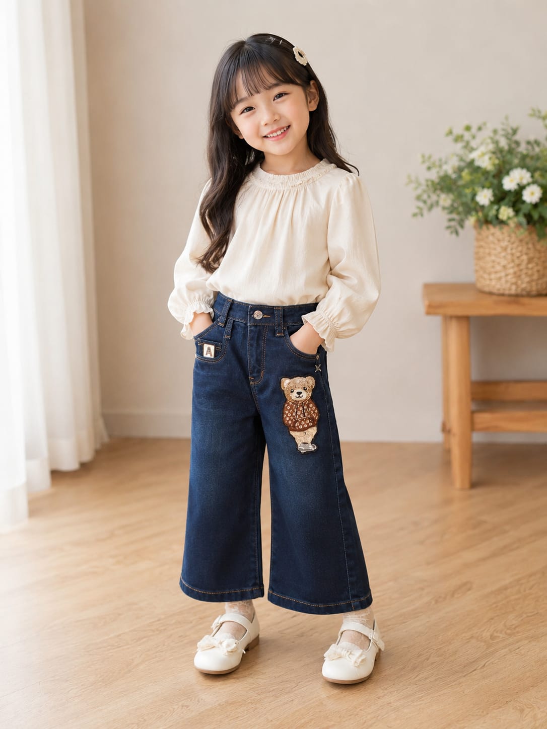 Girls' Wide-Leg Dark Wash Jeans with Teddy Bear Patch