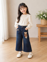 Girls' Wide-Leg Dark Wash Jeans with Teddy Bear Patch