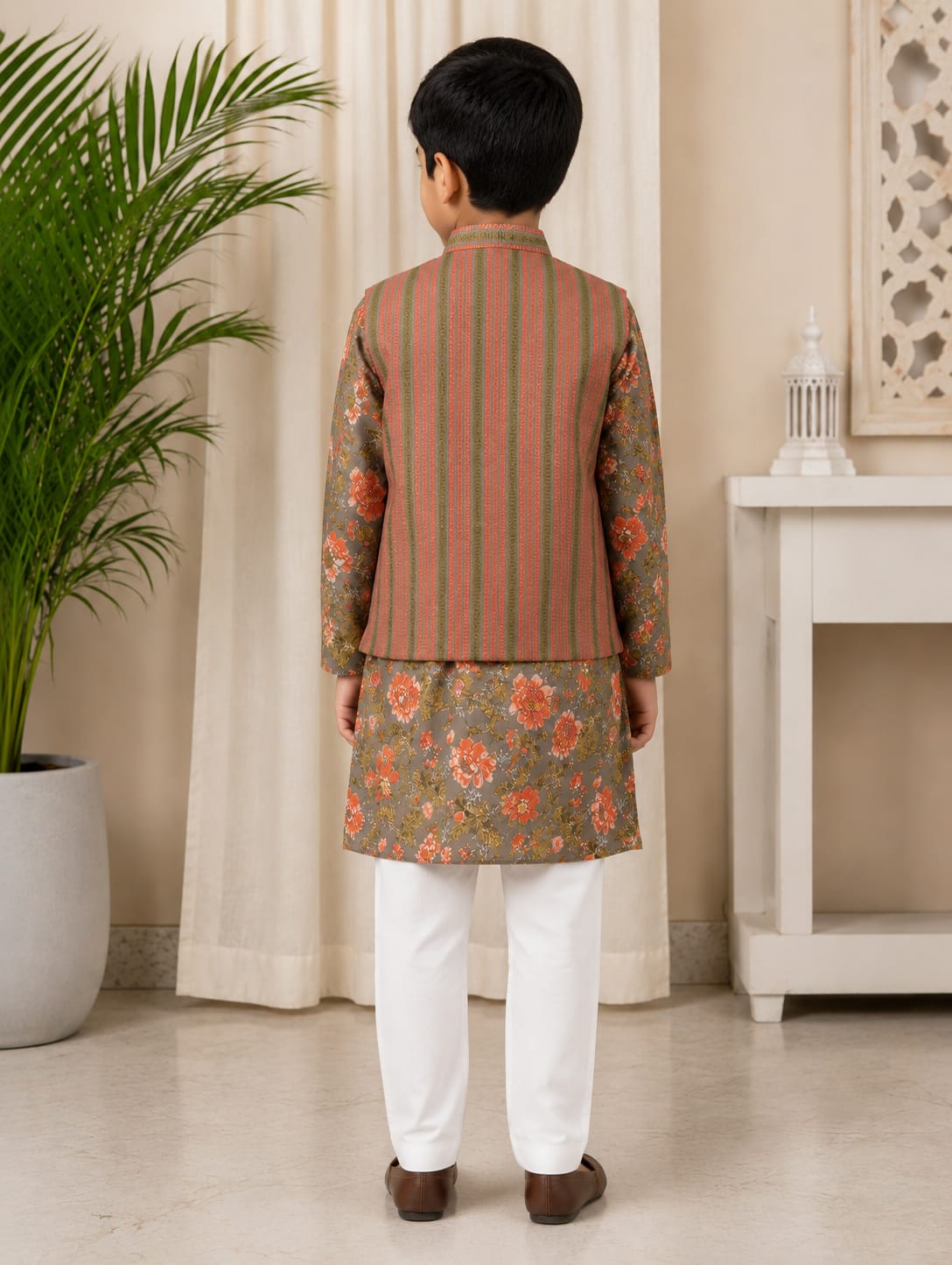 Boys' Elegant Floral Kurta Set with Textured Nehru Jacket