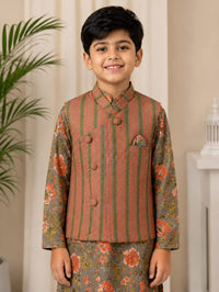 Boys' Elegant Floral Kurta Set with Textured Nehru Jacket