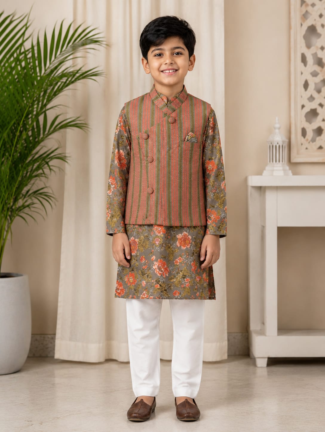 Boys' Elegant Floral Kurta Set with Textured Nehru Jacket
