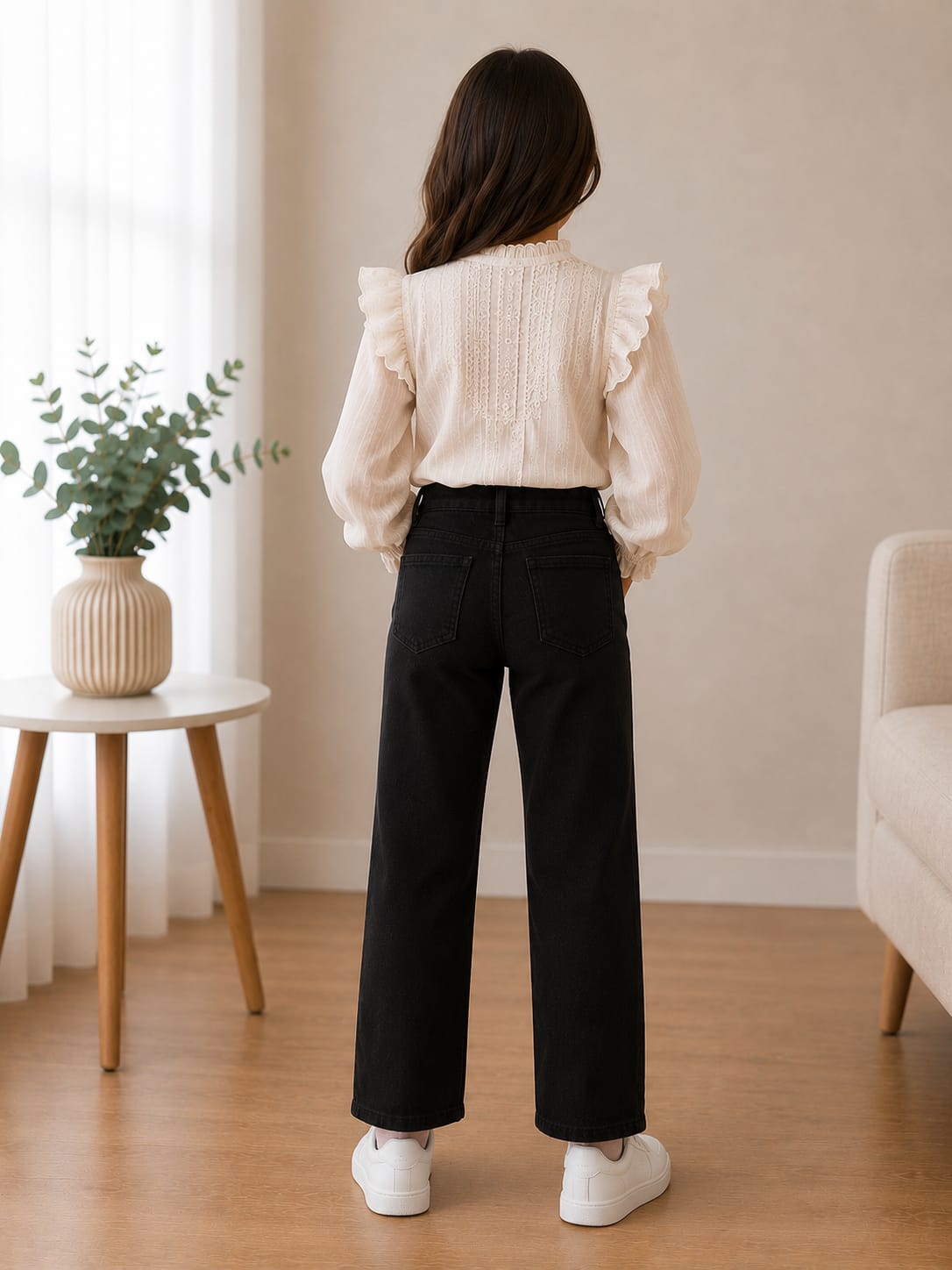 Girls' High-Waisted Straight-Leg Black Denim Jeans