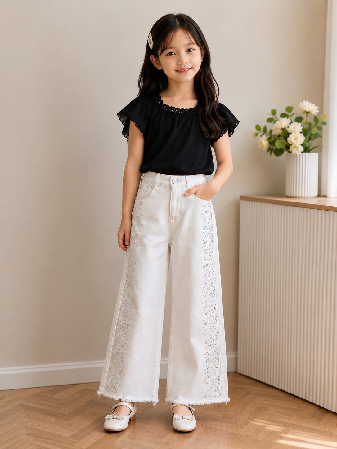 Girls' Glamorous Wide-Leg White Jeans with Rhinestone Side Panels