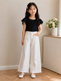 Girls' Glamorous Wide-Leg White Jeans with Rhinestone Side Panels