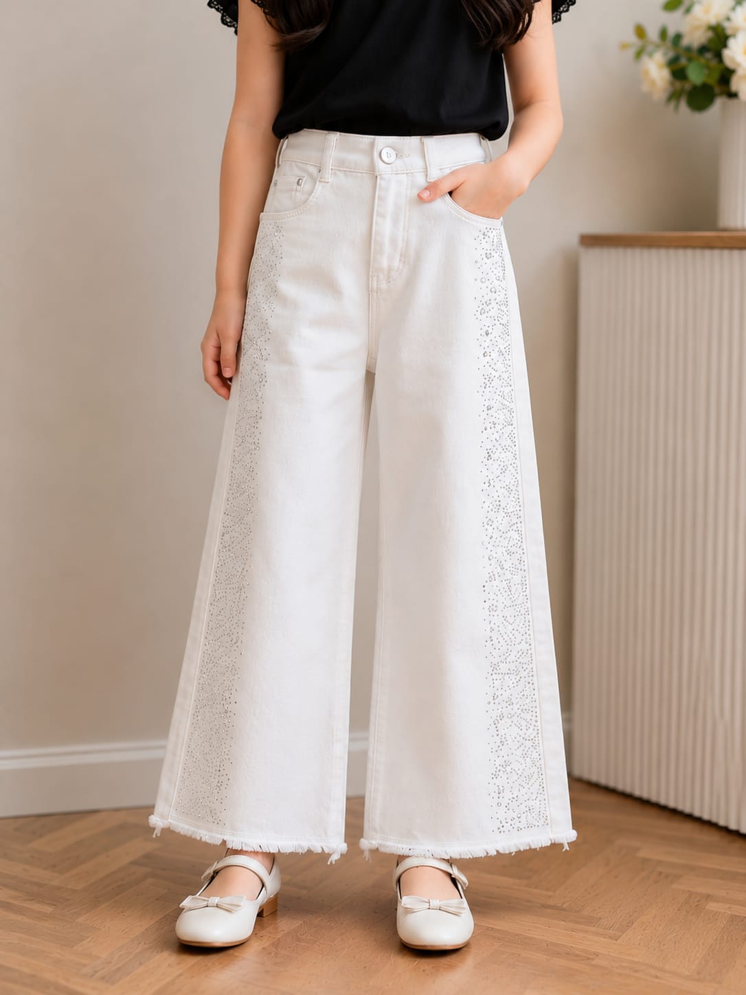 Girls' Glamorous Wide-Leg White Jeans with Rhinestone Side Panels