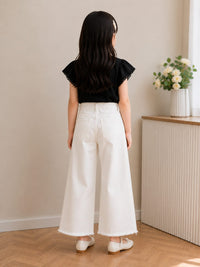 Girls' Glamorous Wide-Leg White Jeans with Rhinestone Side Panels