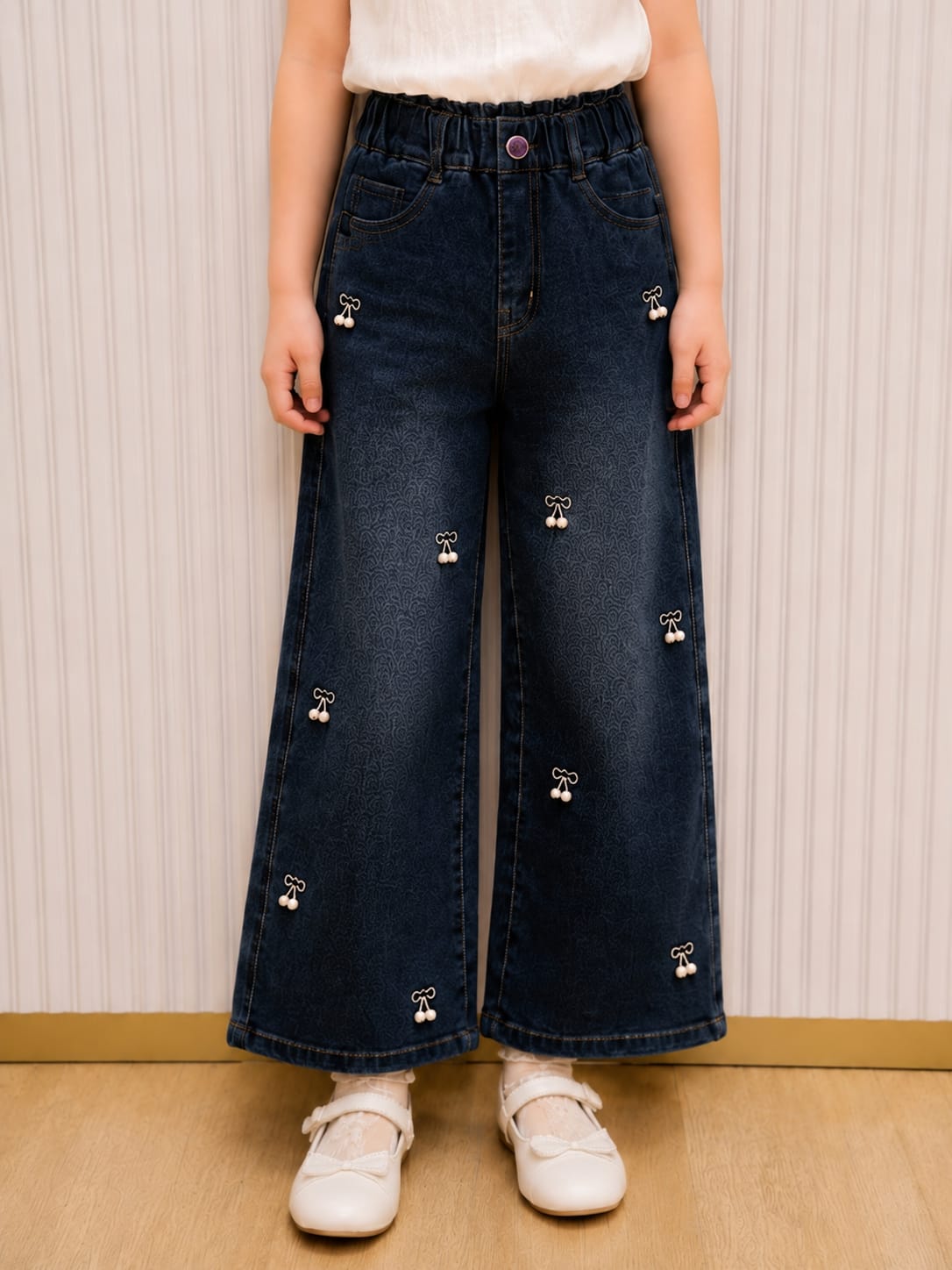 Girls' Wide-Leg Dark Wash Jeans with Pearl Cherry Embellishments