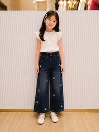 Girls' Wide-Leg Dark Wash Jeans with Pearl Cherry Embellishments