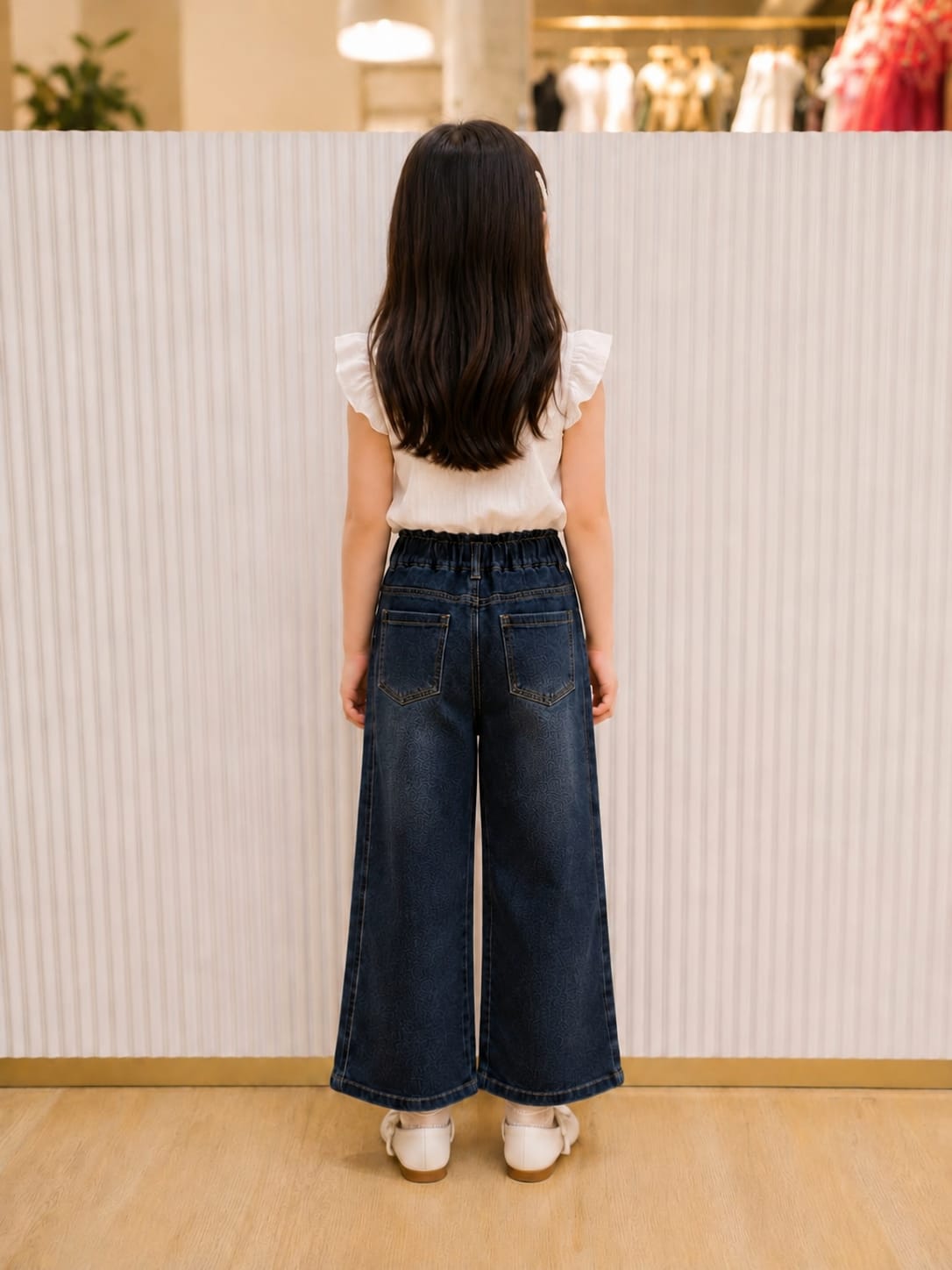 Girls' Wide-Leg Dark Wash Jeans with Pearl Cherry Embellishments