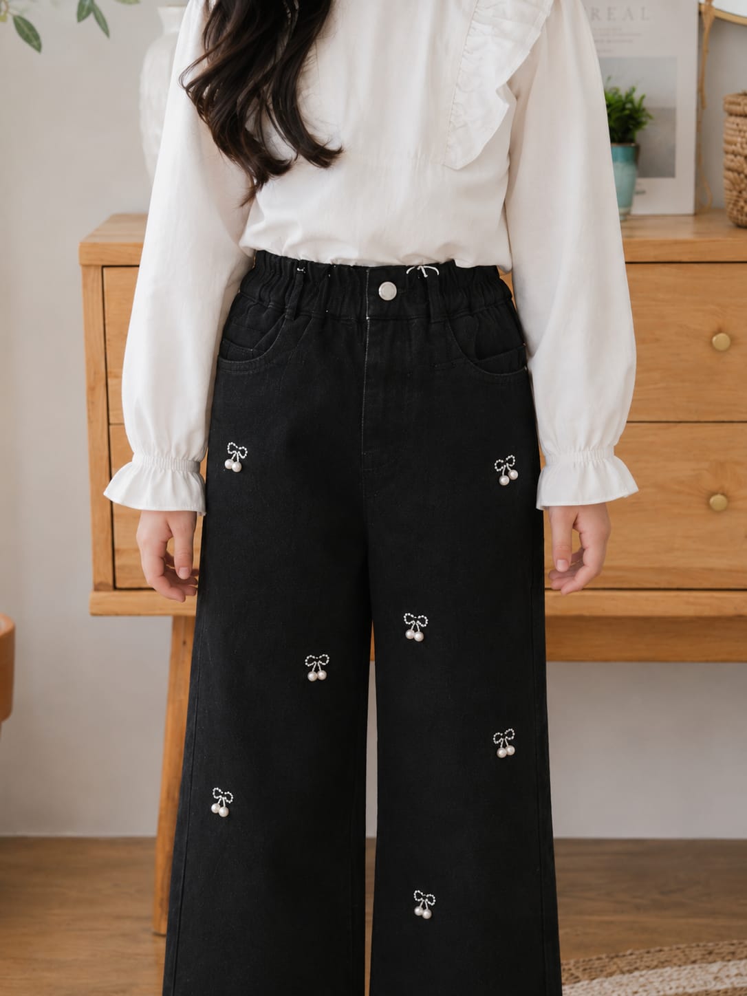 Girls' Wide-Leg Black Denim Jeans with Pearl Cherry Embellishments