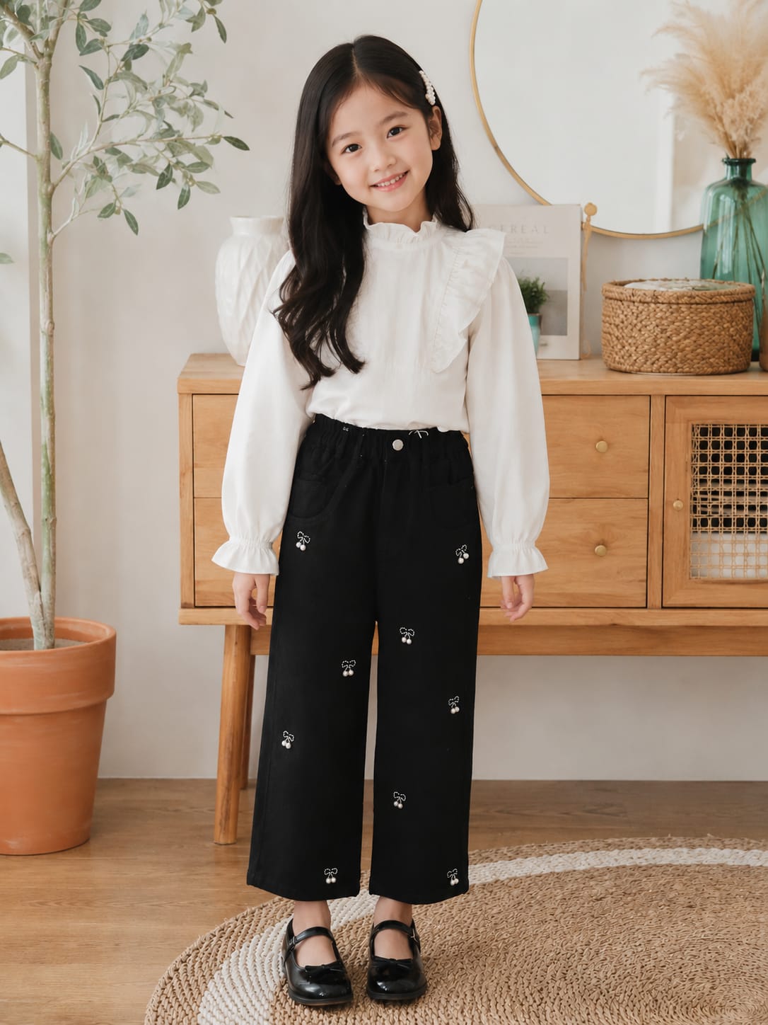 Girls' Wide-Leg Black Denim Jeans with Pearl Cherry Embellishments