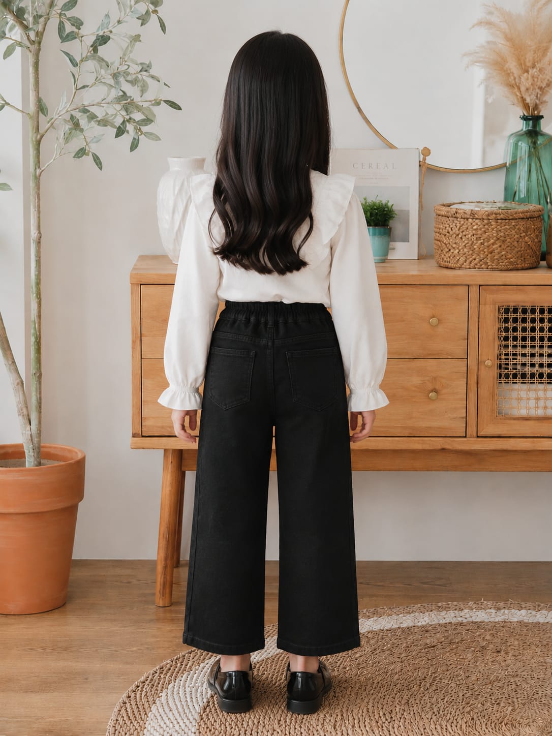 Girls' Wide-Leg Black Denim Jeans with Pearl Cherry Embellishments