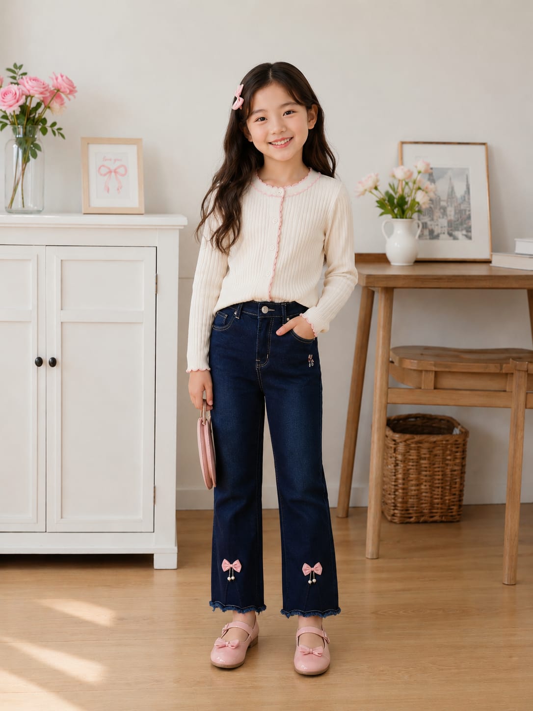 Girls' Dark Wash Wide-Leg Denim with Bow