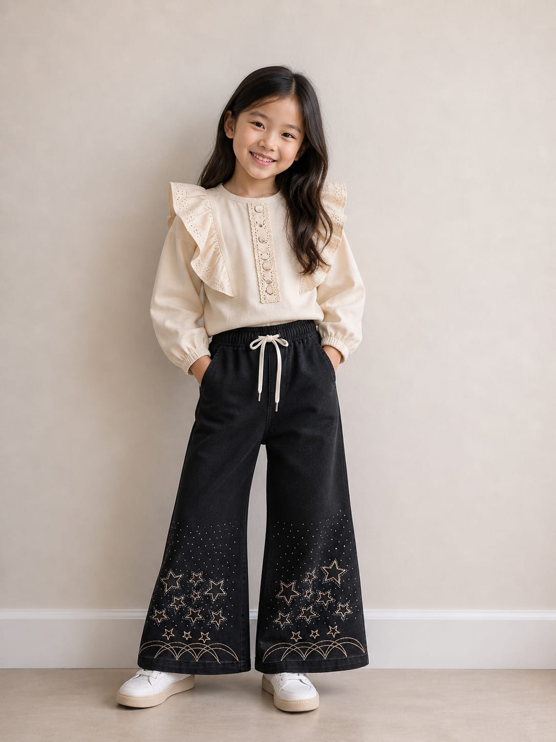 Girls' Ruffle Accent Embroidered Blouse in Cream