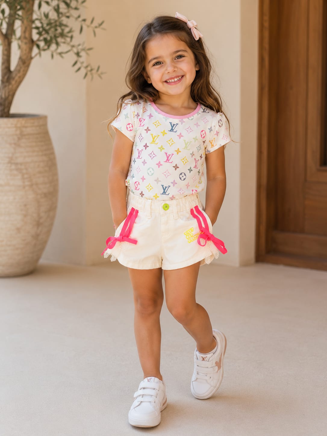 Girls' Playful Off-White Shorts with Hot Pink Bows