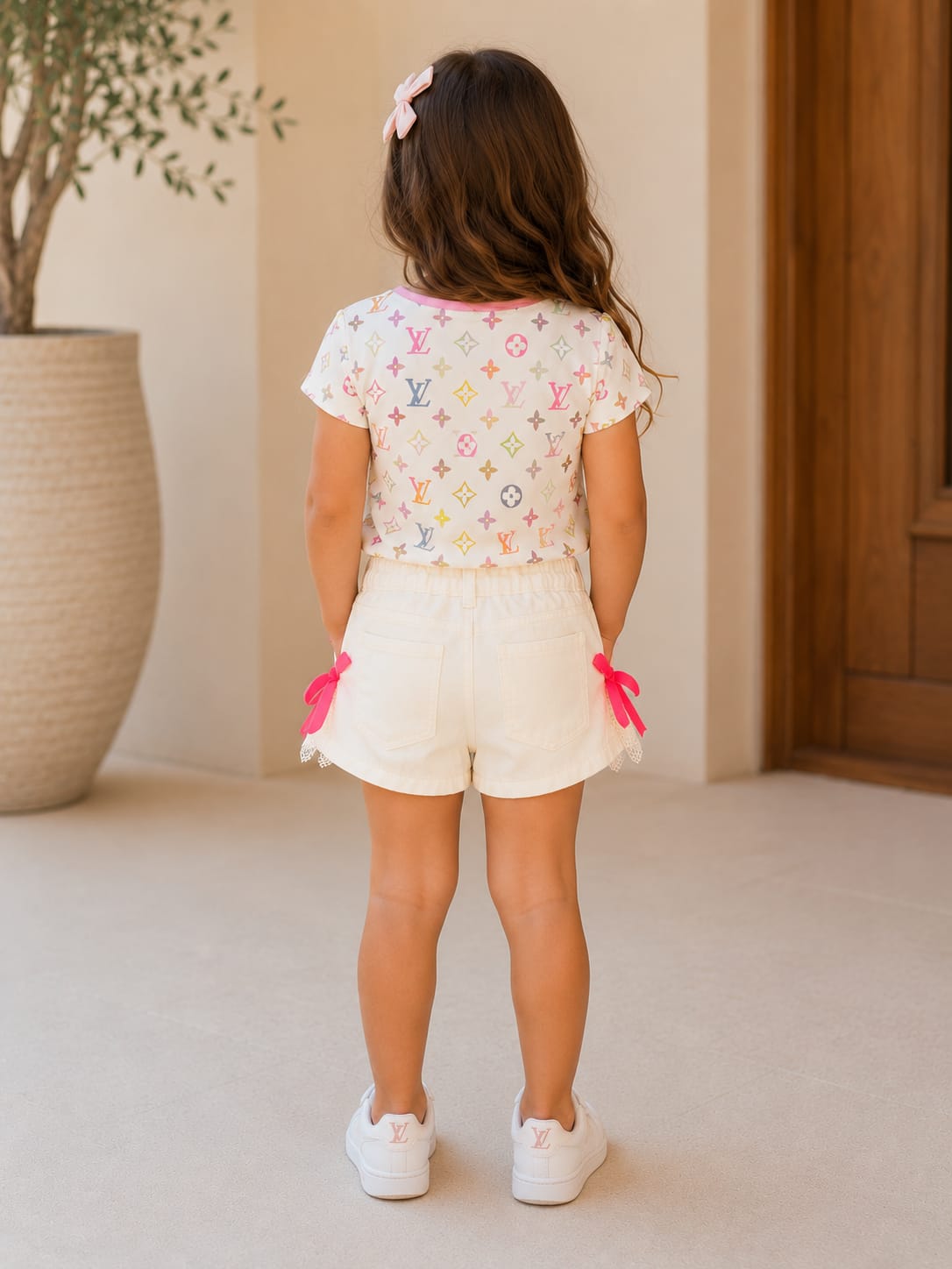 Girls' Playful Off-White Shorts with Hot Pink Bows