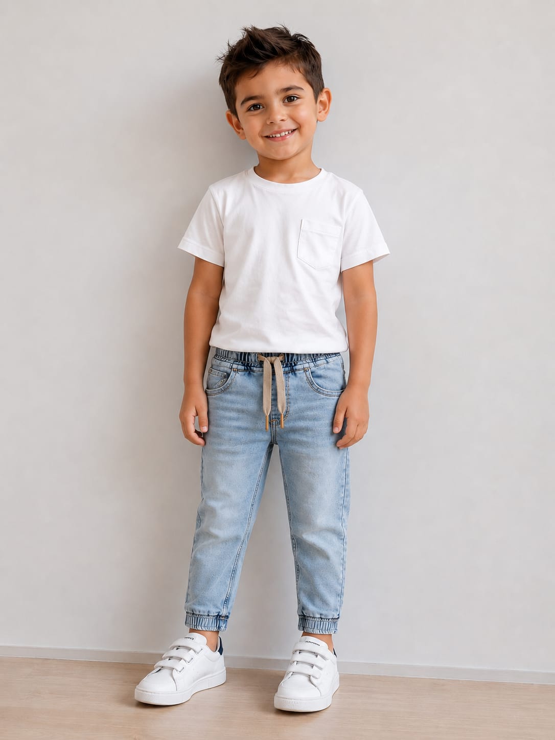 Kids' Light Wash Denim Joggers with Drawstring Elastic Waist