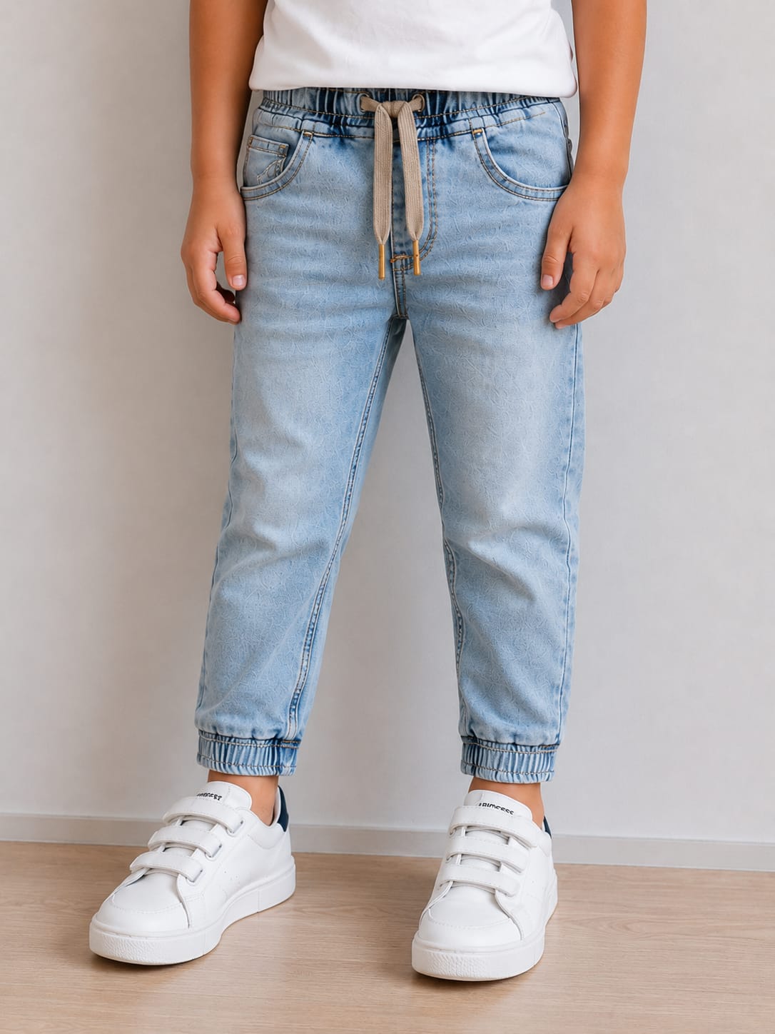 Kids' Light Wash Denim Joggers with Drawstring Elastic Waist