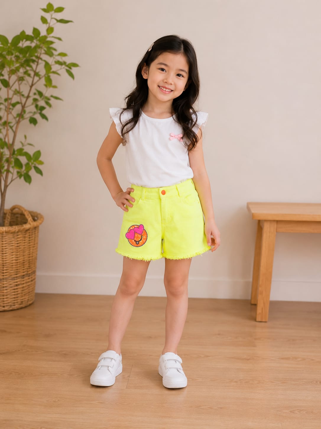 Girls' Neon Smiley Patch Denim Shorts
