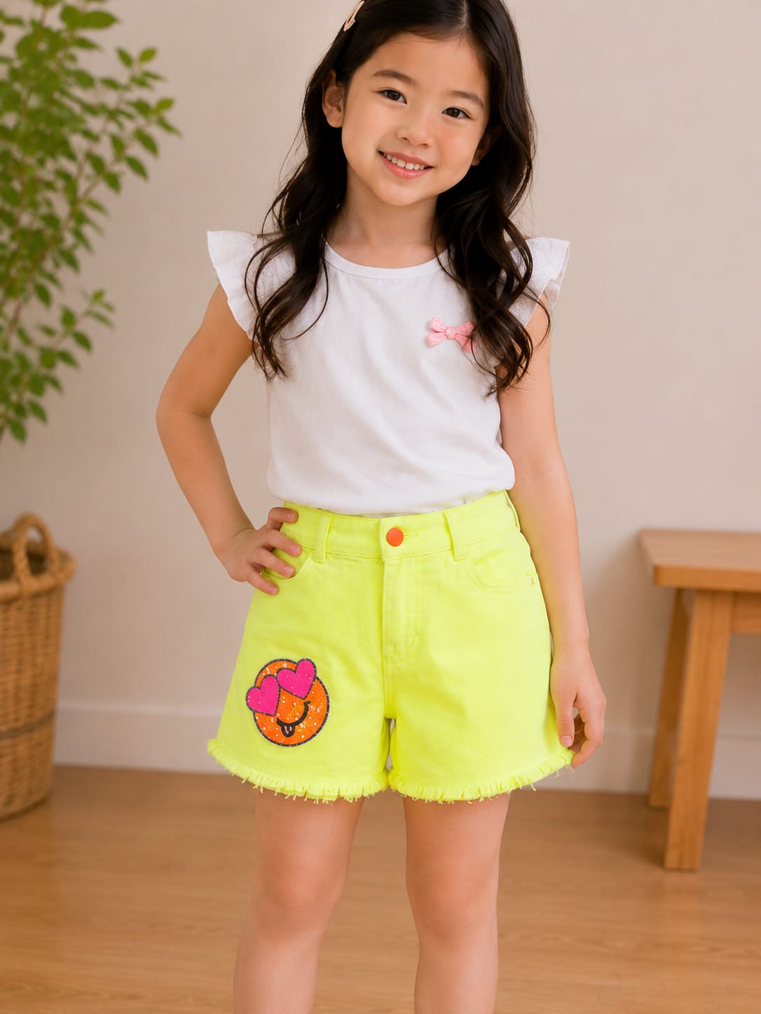 Girls' Neon Smiley Patch Denim Shorts