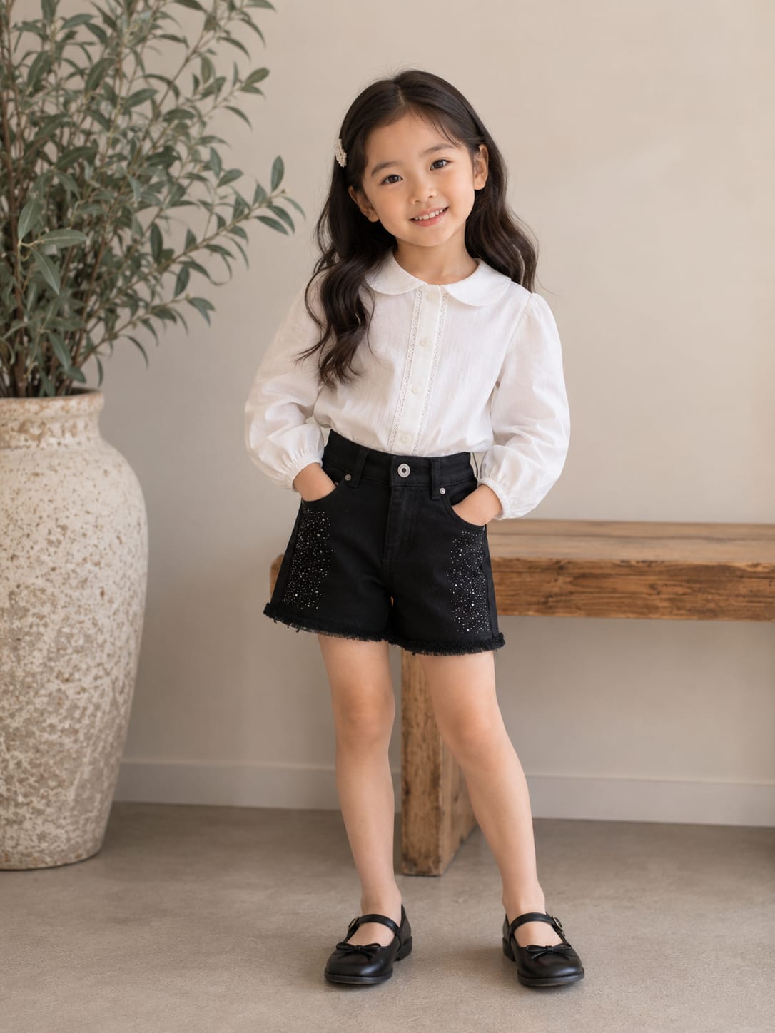 Girls' Embellished Black Denim Shorts