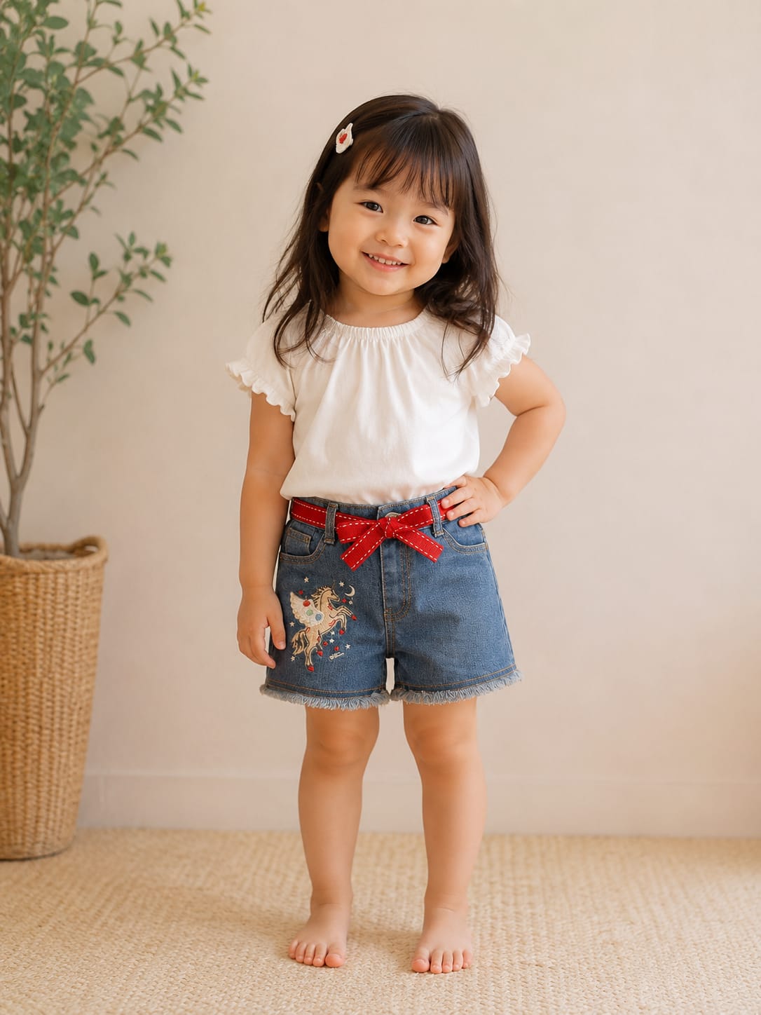 Girls' Unicorn Embroidered Denim Shorts with Red Bow Belt