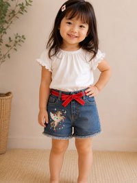 Girls' Unicorn Embroidered Denim Shorts with Red Bow Belt
