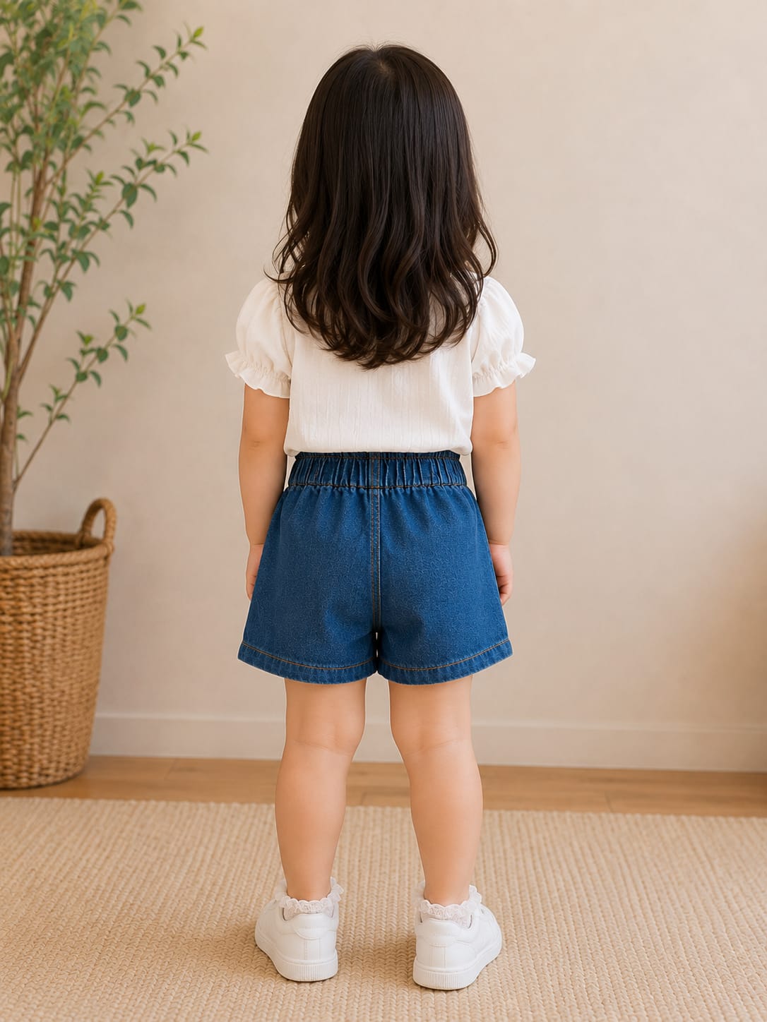 Girls' Cherry Embroidered Elastic Denim Shorts