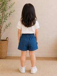 Girls' Cherry Embroidered Elastic Denim Shorts