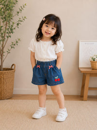 Girls' Cherry Embroidered Elastic Denim Shorts