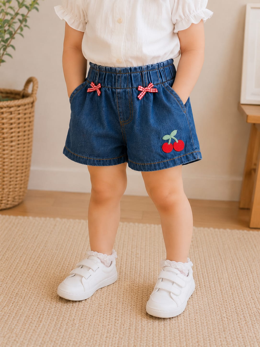 Girls' Cherry Embroidered Elastic Denim Shorts