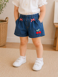 Girls' Cherry Embroidered Elastic Denim Shorts